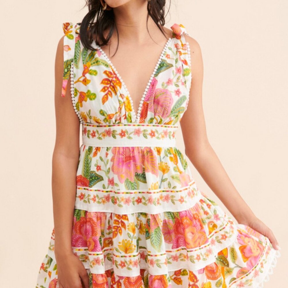 FARM Rio White Mini Dress with Pink, Orange & Green Floral Print